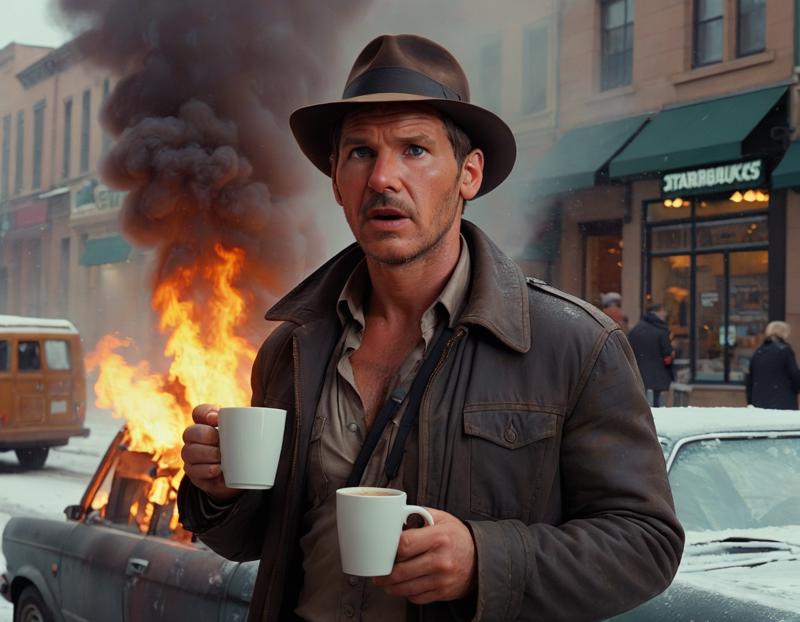 00991-[number]-1577717327-Indianajones person drinking Coffee at Starbucks. a car explodes in the background. Explosion artstyle, Heavy snow.   _lora_Indi.png